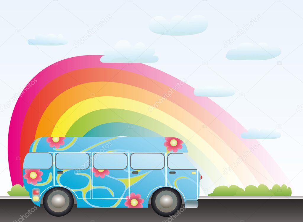 Cartoon bus with a rainbow