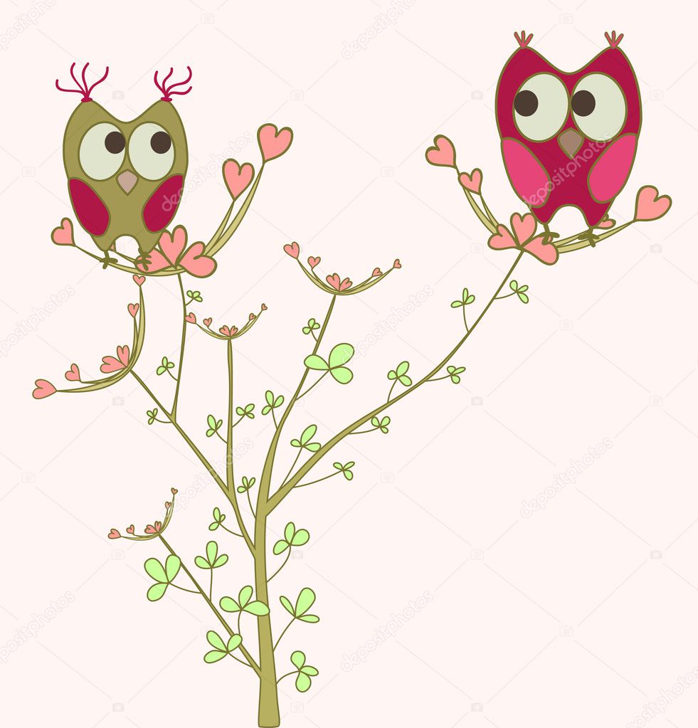 Owls in love on branch