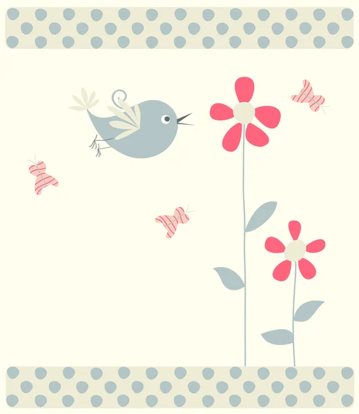 Oiseau abstrait, papillons et fleurs — Image vectorielle