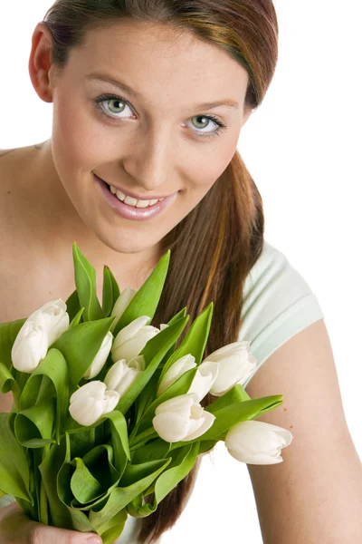 Donna con tulipani — Foto Stock