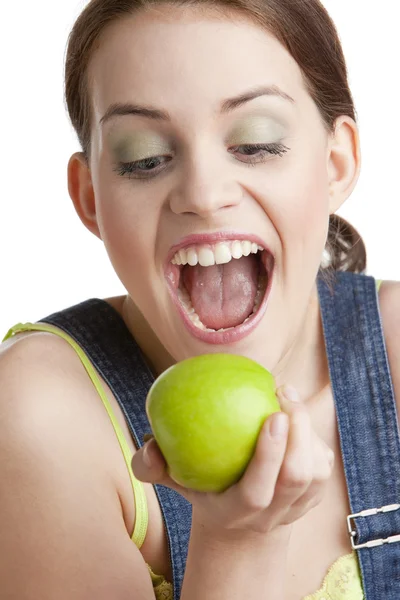 녹색 사과를 든 여자 — 스톡 사진