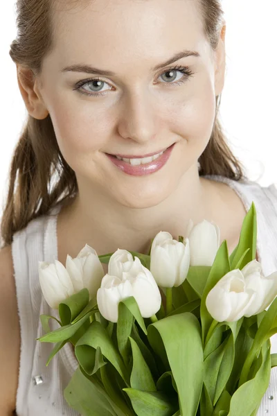 Mulher com tulipas — Fotografia de Stock