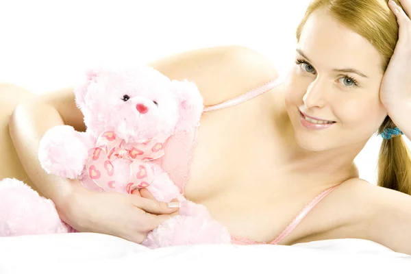 Vrouw met teddybeer — Stockfoto