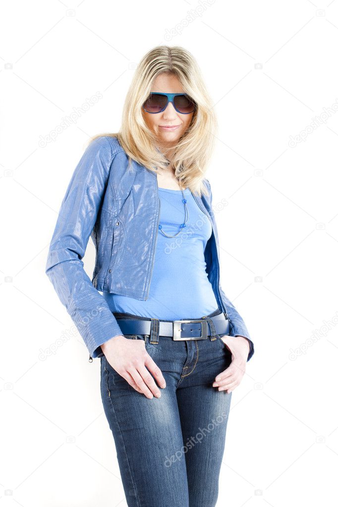 Standing woman wearing blue clothes