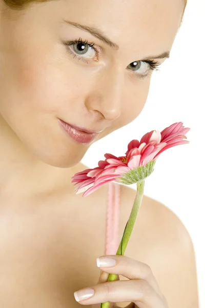 Portrait of woman with gerbera — Stock Photo, Image