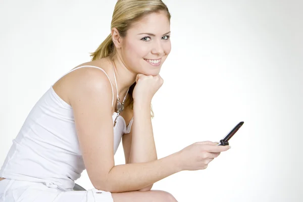 Portrét ženy s mobilním telefonem — Stock fotografie