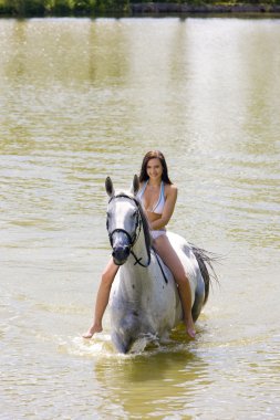 Equestrian on horseback riding through water clipart