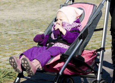 Toddler sitting in a pram on walk clipart