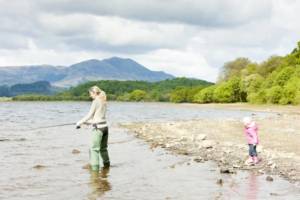 stock image Fishing woman and little girl, Loch Venachar, Trossachs, Scotlan