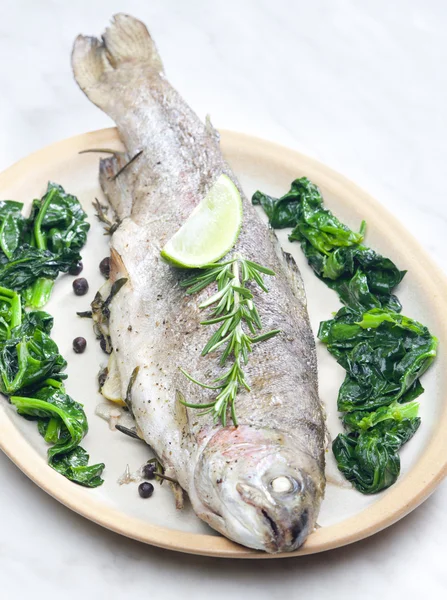 Bream baked with Italian herbs and fried spinach — Stock Photo, Image