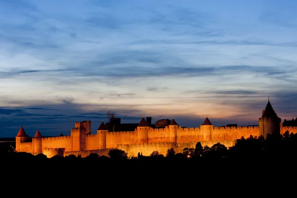 Carcassonne à noite, Languedoc-Roussillon, França — Fotografia de Stock