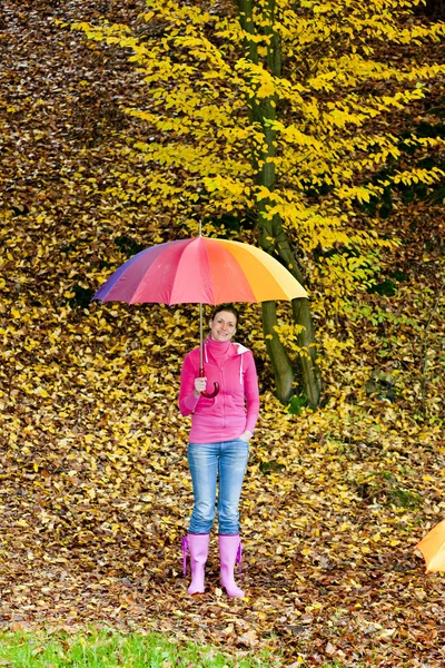 Woman with an umbrella in autumnal nature — Stock Photo, Image