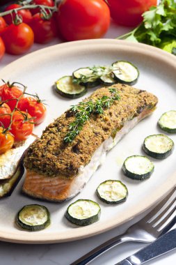 Baked salmon with herbs eschar clipart