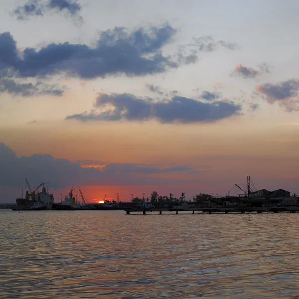 Silhuett av flera kranar i hamn, sköt under solnedgången — Stockfoto