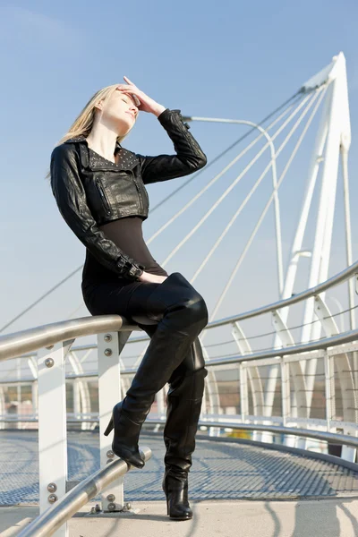 Woman wearing fashionable black boots — Stock Photo, Image