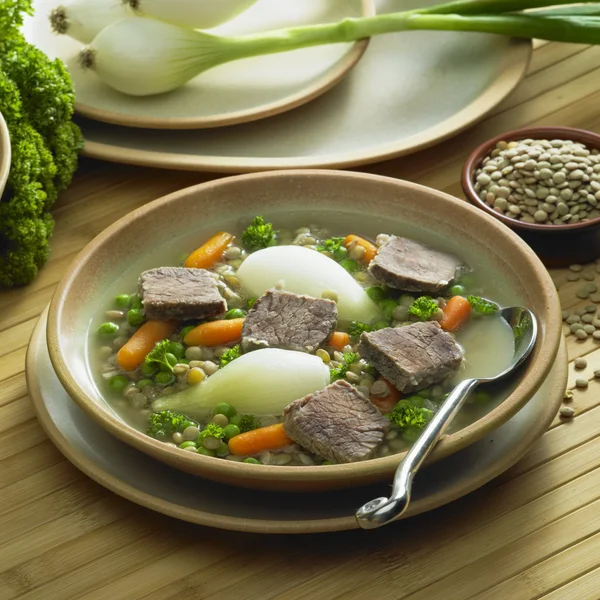 Говяжий суп с овощами и чечевицей — стоковое фото