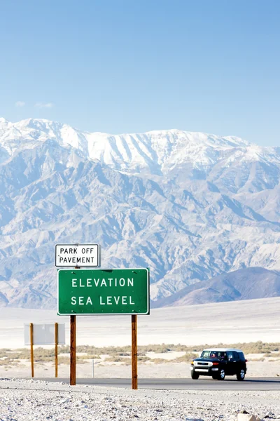 Sinal do nível do mar da elevação, parque nacional do vale da morte, Califórnia — Fotografia de Stock