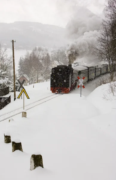 Comboio a vapor, Oberwiesenthal - Cranzhal (Fichtelbergbahn), alemão — Fotografia de Stock
