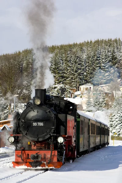 Pociąg parowy, oberwiesenthal - cranzhal (fichtelbergbahn), niemiecki — Zdjęcie stockowe