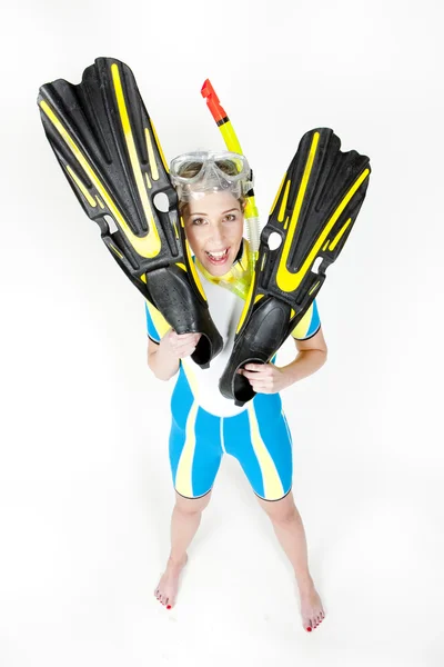 Stoi Młoda Kobieta Ubrana Neoprenu Snorkeling Sprzęt — Zdjęcie stockowe