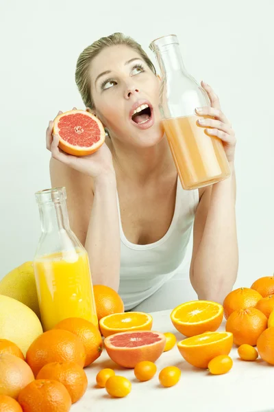 Portrait Young Woman Citrus Fruit Orange Juice — Stock Photo, Image