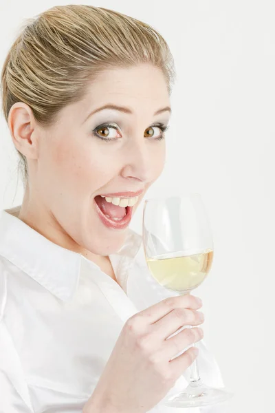 Retrato Mujer Joven Con Una Copa Vino Blanco — Foto de Stock