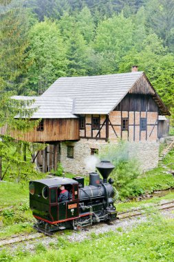 Steam locomotive and old saw mill, Museum of Kysuce village, Vyc clipart