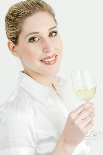 Πορτρέτο Της Νεαρής Γυναίκας Ένα Ποτήρι Λευκό Κρασί — Φωτογραφία Αρχείου