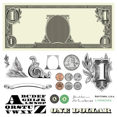 one dollar bill and coins clipart