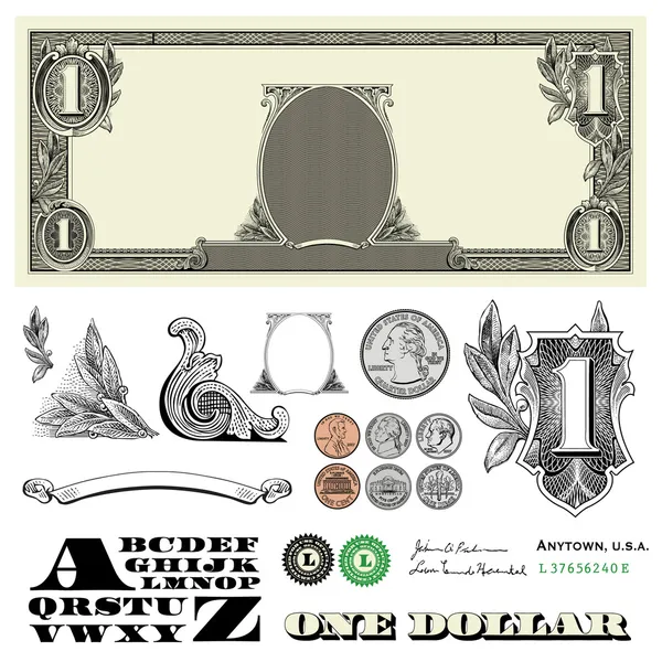 Один доллар купюры и монеты — стоковое фото