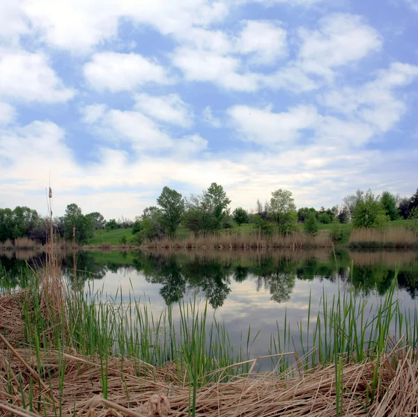 Scena del lago con cielo blu e nuvole — Foto Stock