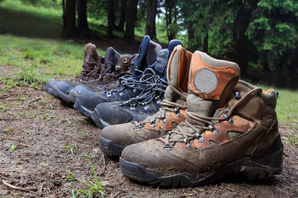 Turystów buty w obozie lasu — Zdjęcie stockowe