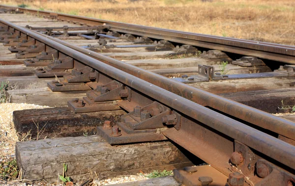 Железнодорожные детали - рельсы и шпал — стоковое фото