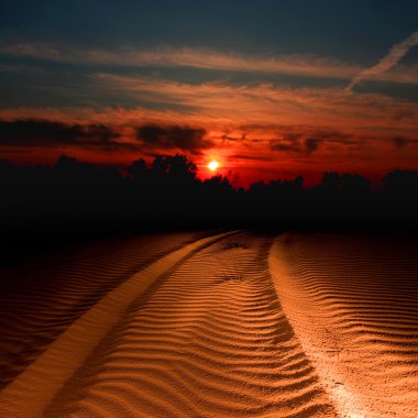 Trail in sand lighted on sunset