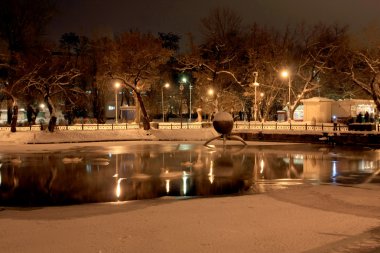 Night winter scene with lake in the park clipart