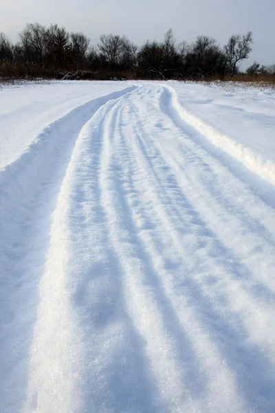積雪の牧草地を横切る道 — ストック写真