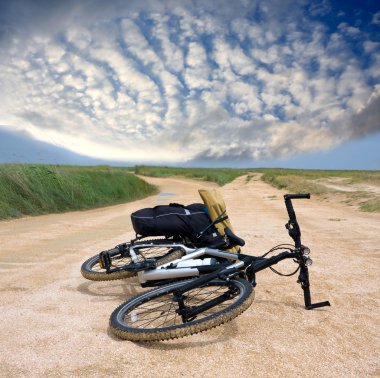 Tourists bicycle on road clipart