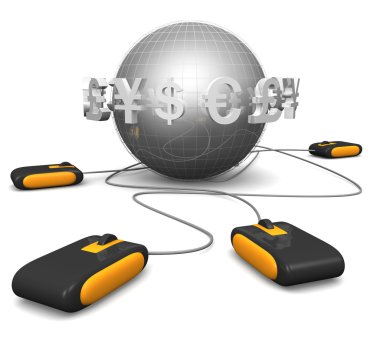 E-commerces shopping online by international currency concept clipart