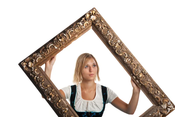 Bavarian dziewczyna z ramką na białym tle — Zdjęcie stockowe