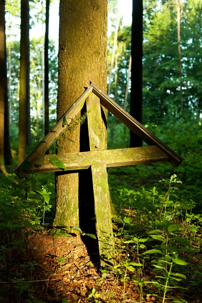 stock image Old wooden cross in a forest