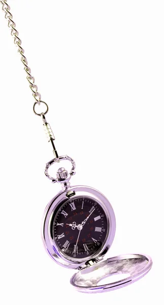 Otevřené stříbrné kapesní hodinky s řetězem — Stock fotografie