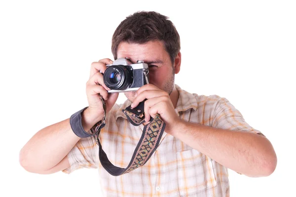 Nuori mies vanhanaikainen 35mm kamera, valkoinen — kuvapankkivalokuva