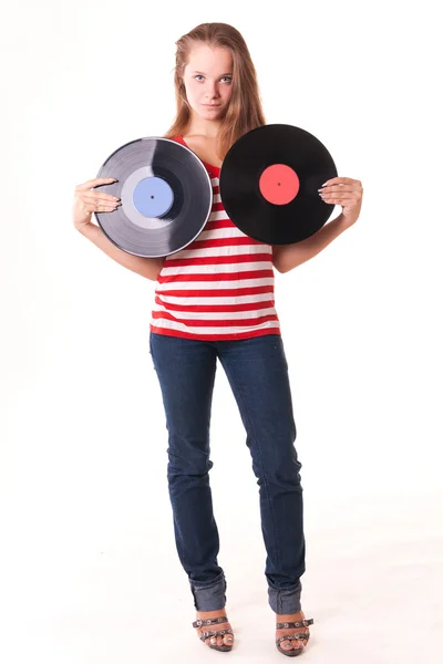 Jonge model vrij poseren met twee vinyl records — Stockfoto