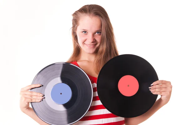Jonge model vrij poseren met twee vinyl records — Stockfoto