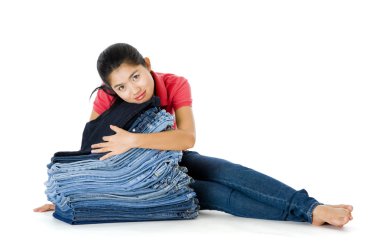 Woman with lots of jeans clipart