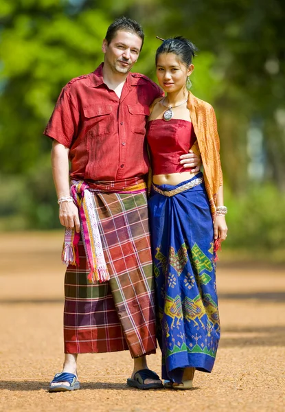 Caucasian and asian with thai clothes — Stock Photo, Image