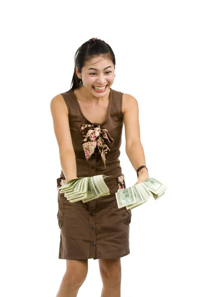 Güzel kadın bir sürü para ile mutlu — Stok fotoğraf