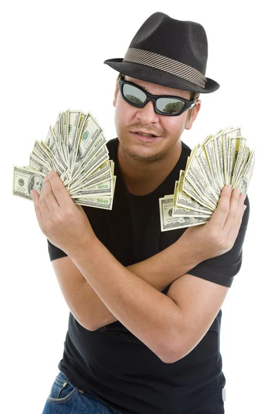 Man with lots of 100 dollar notes — Stock Photo, Image