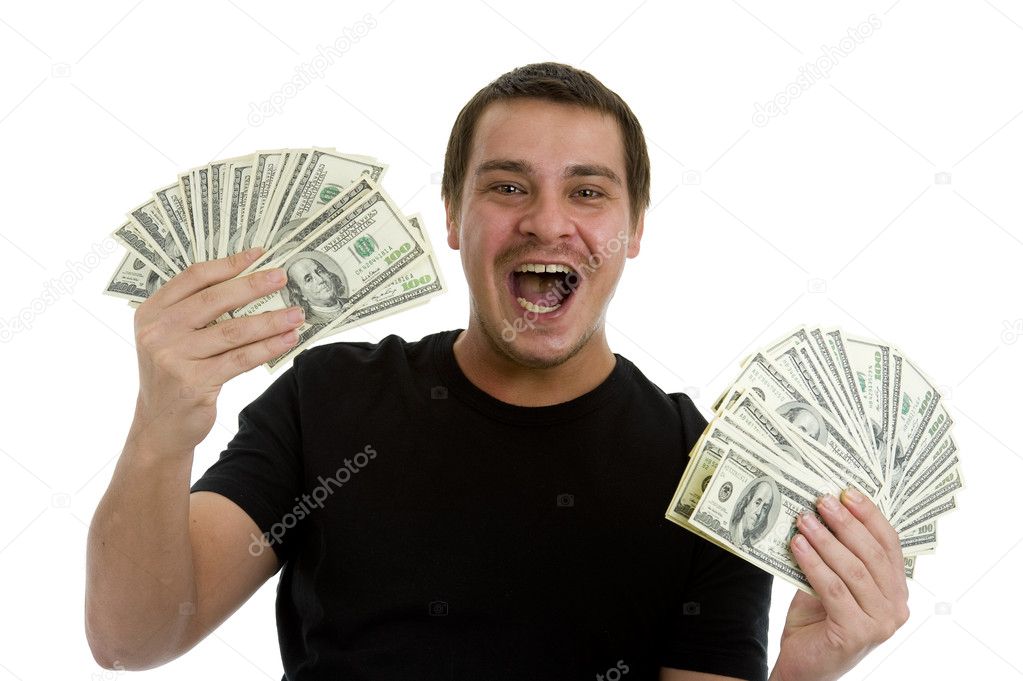 Man happy with lots of money