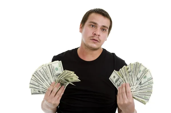 Sad man with lots of money — Stock Photo, Image